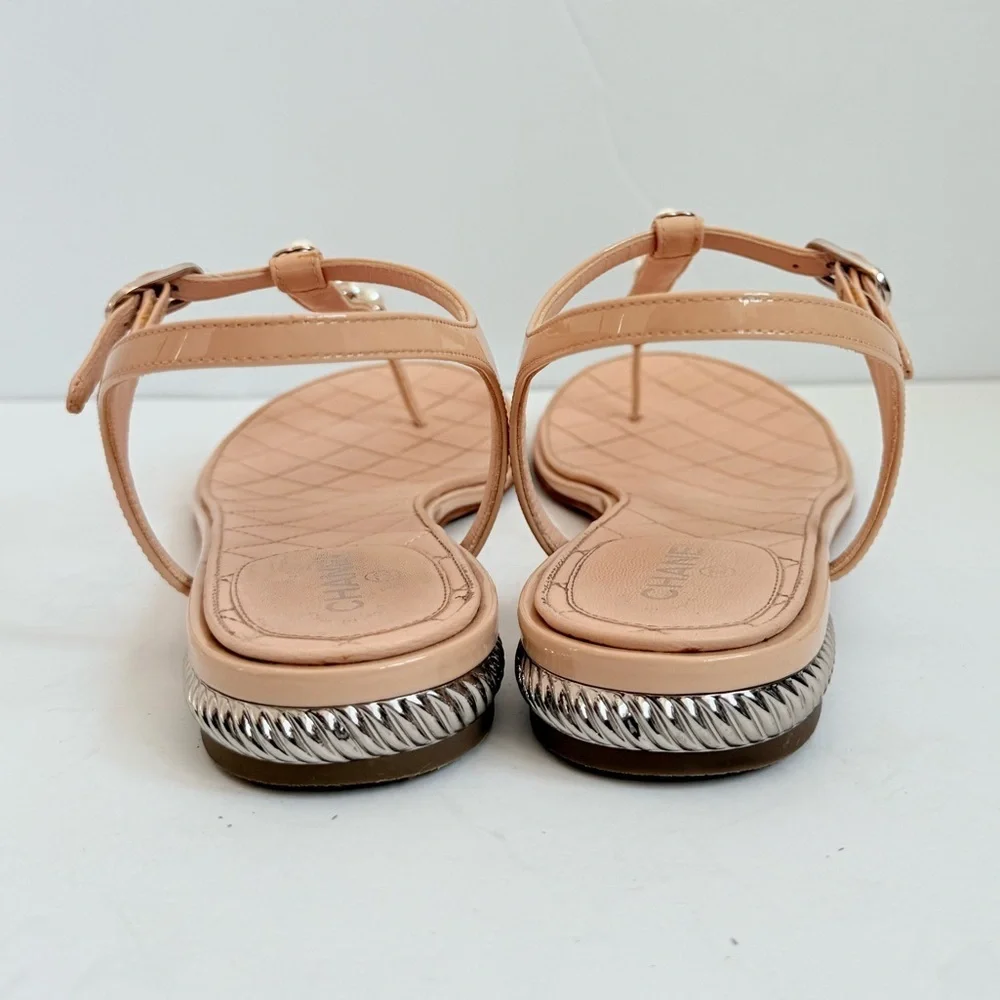 Chanel Nude Pink Pearl CC Quilted Patent T Strap Slingback Sandals 39.5C